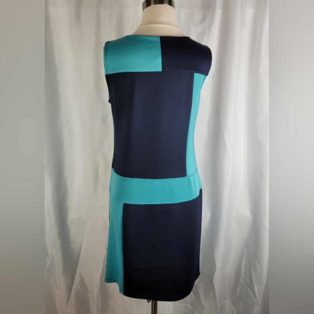 Enfocus Studio Teal Navy Color Block Scuba Stretch Popover Midi Dress Size 8 - Picture 9 of 10